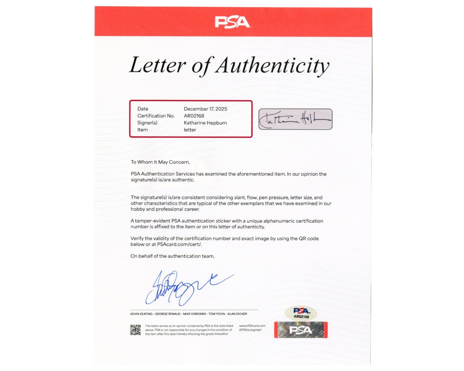 Iconic Actress Katharine Hepburn Signed Letter PSA "I do not sign photographs"