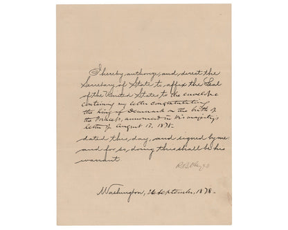 President Rutherford B. Hayes Signed Document Congratulating King of Denmark PSA