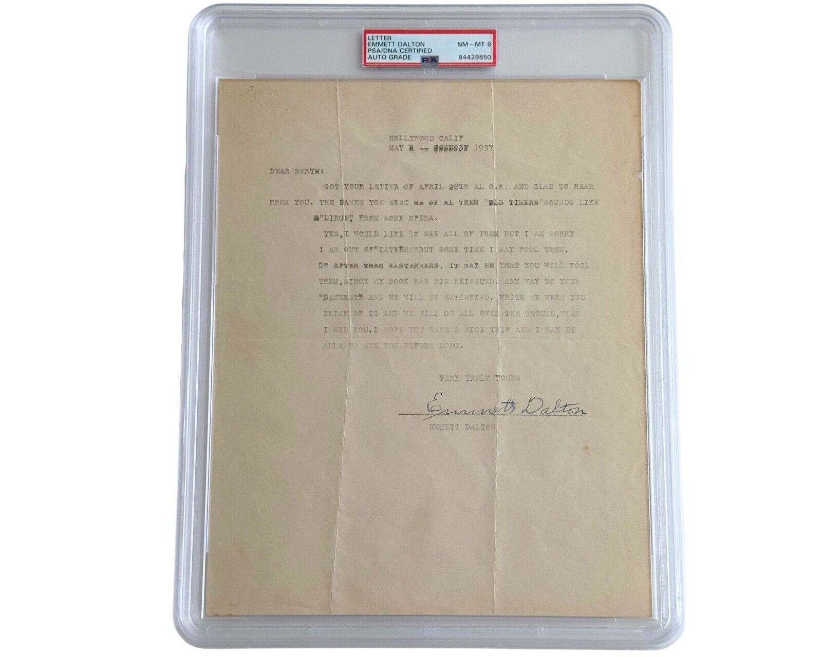 Outlaw & Bank Robber EMMETT DALTON Signed Letter PSA 8
