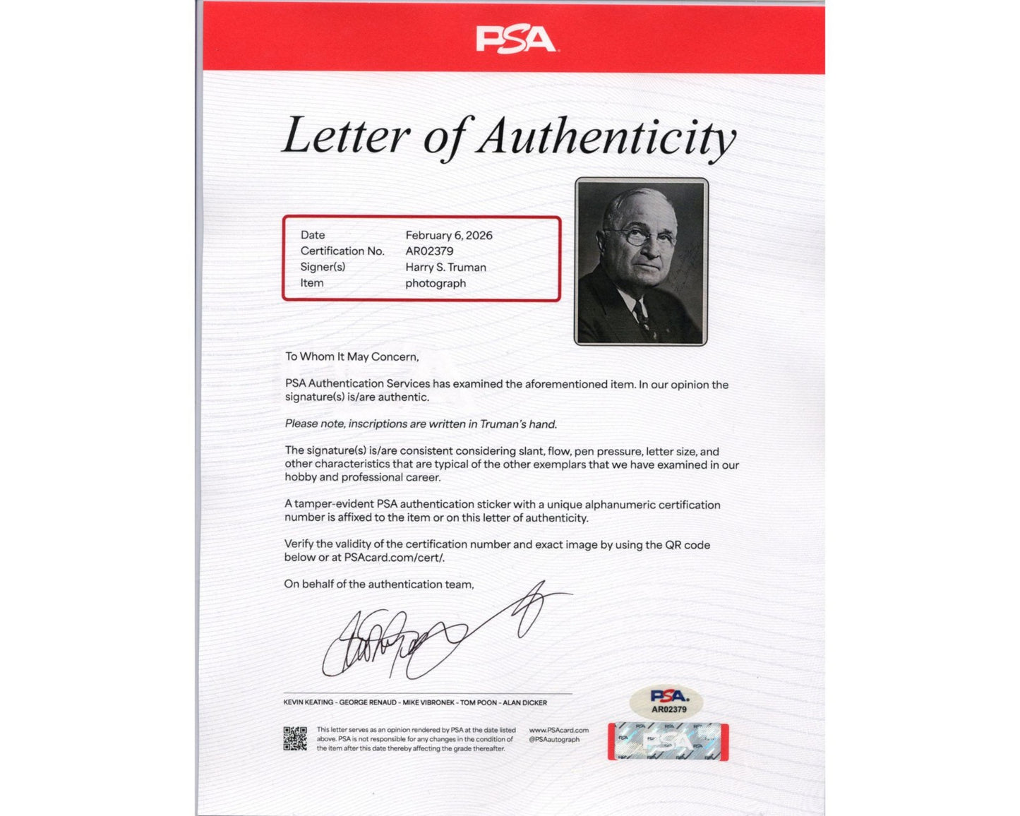 President Harry Truman Gorgeous Signed Photograph PSA Auto