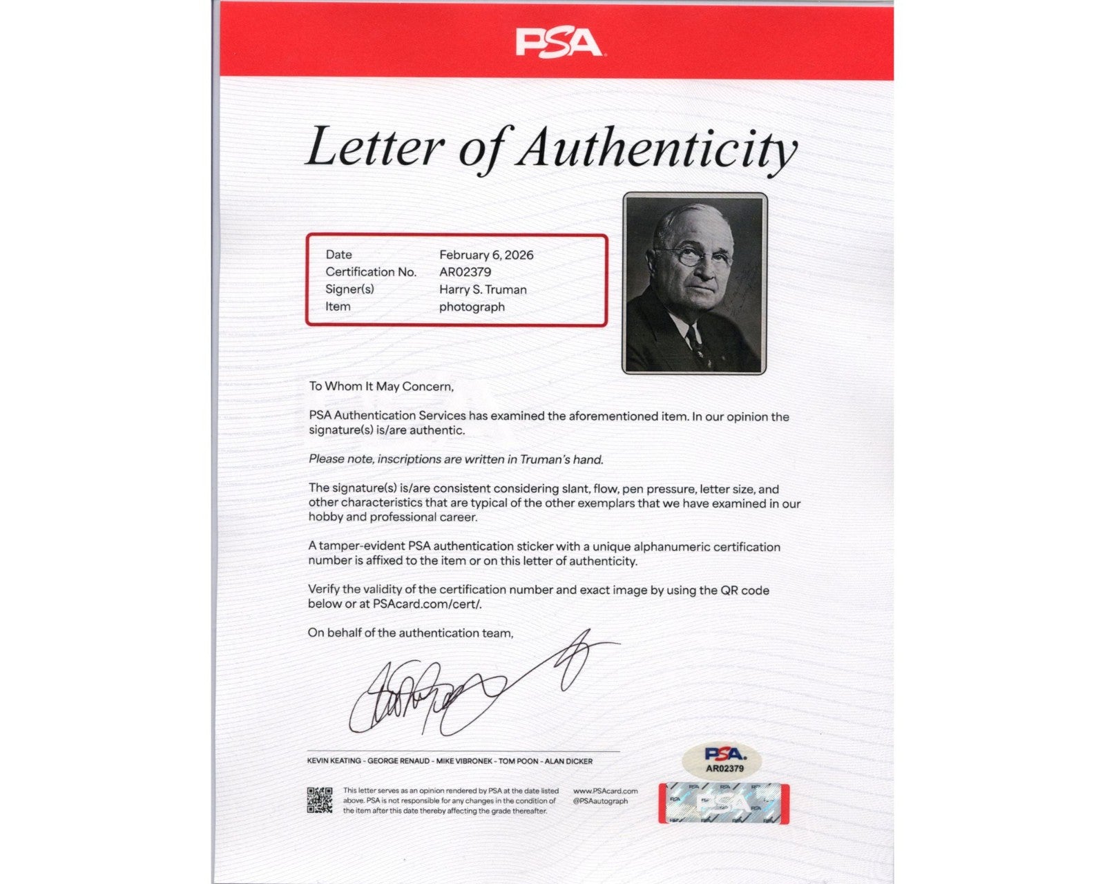 President Harry Truman Gorgeous Signed Photograph PSA Auto