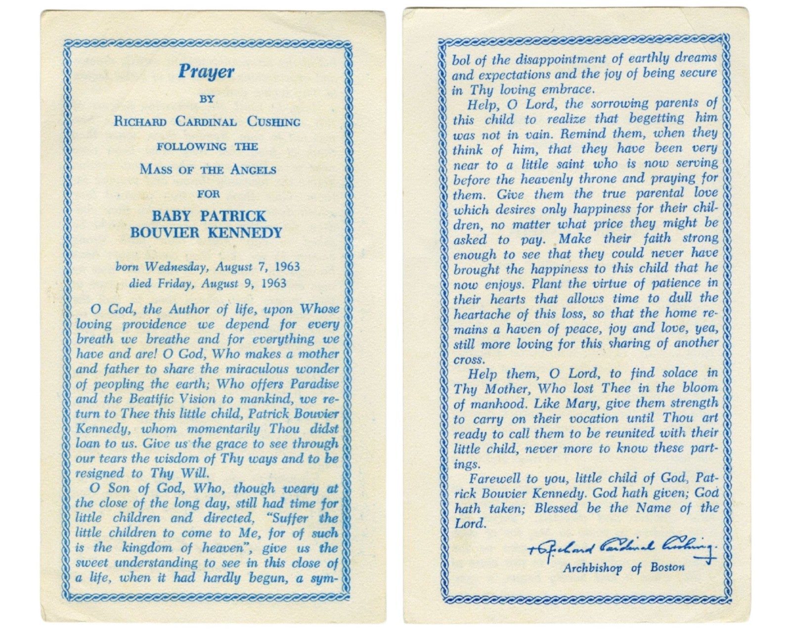 Rare Patrick Kennedy Prayer Card for Mass by Richard Cardinal Cushing