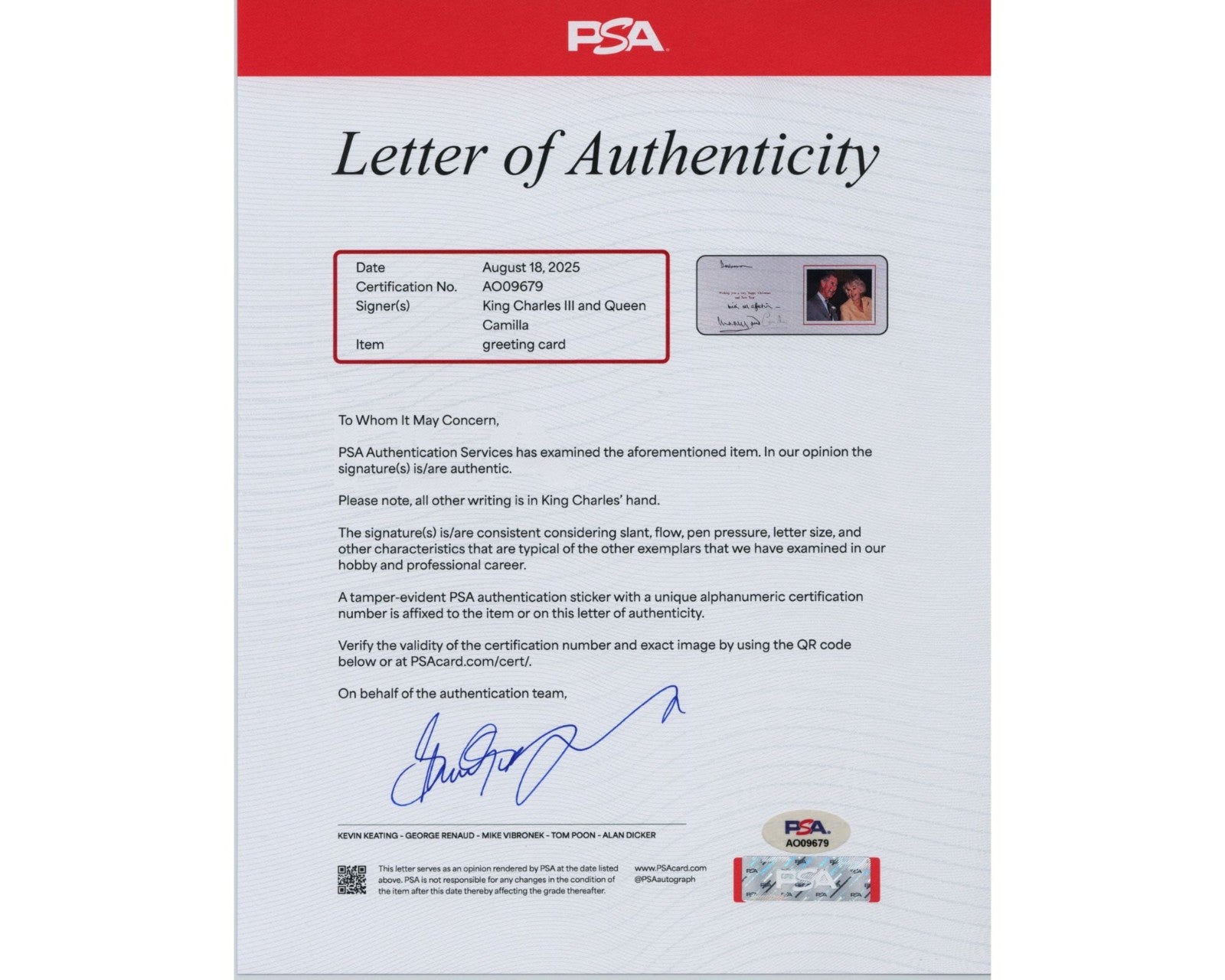 KING CHARLES III & QUEEN CONSORT CAMILLA Signed Christmas Card PSA Auto