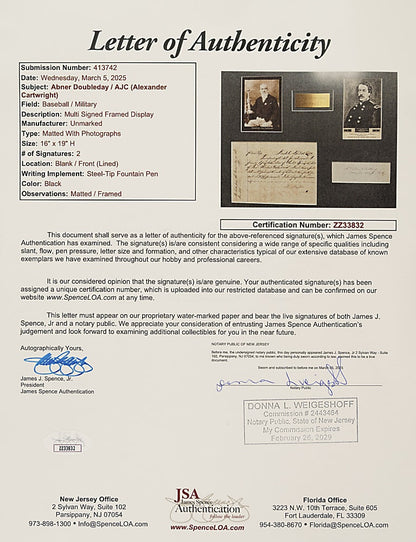 Baseball Founders ALEXANDER CARTWRIGHT & ABNER DOUBLEDAY Signed Display JSA Auto