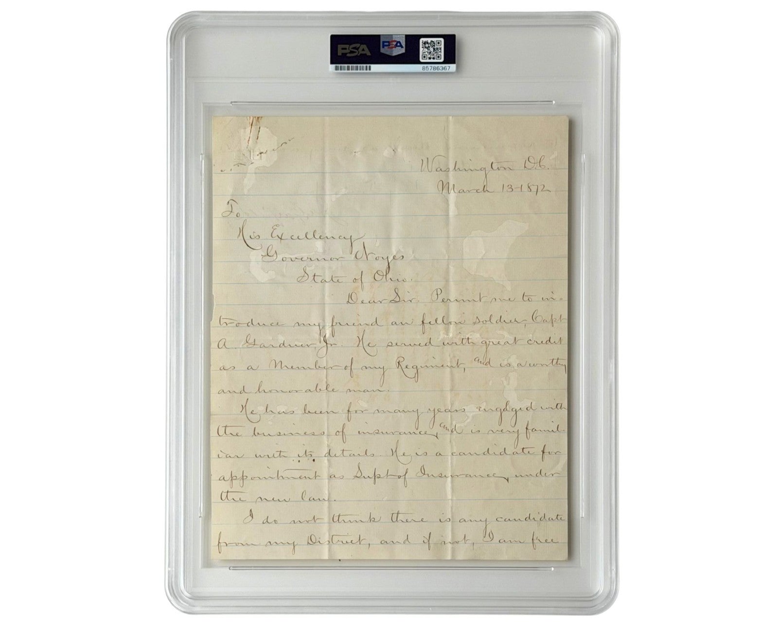 President James Garfield Signed Letter To Ohio Gov RE: Civil War Friend PSA Auto
