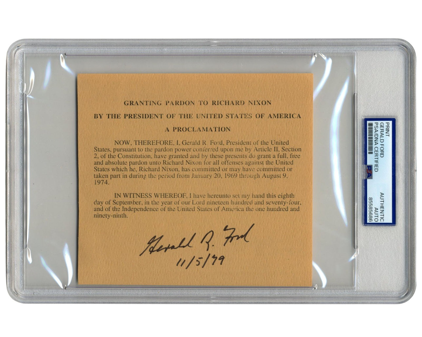 President Gerald Ford Signed Nixon Pardon Souvenir Typescript PSA Auto