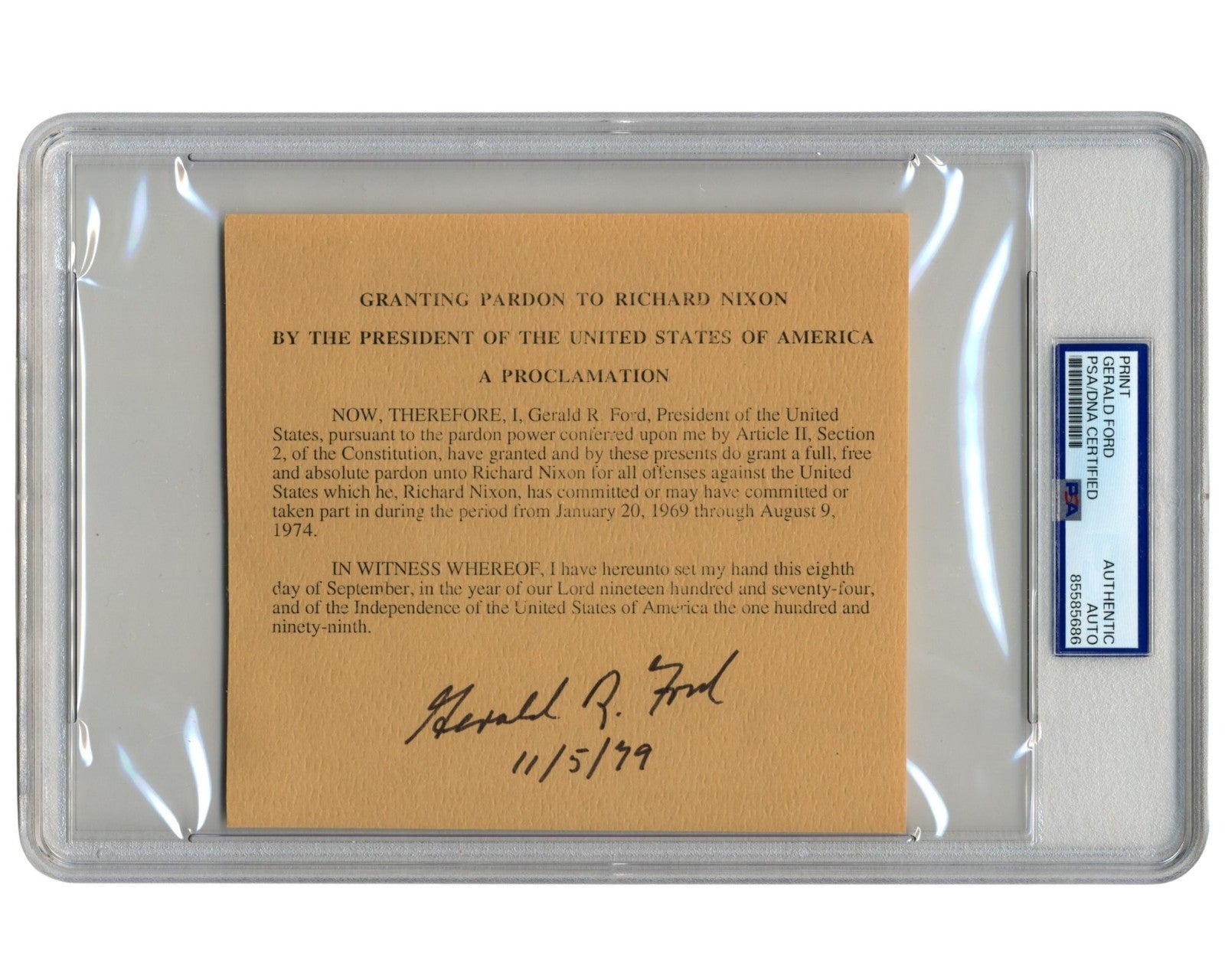 President Gerald Ford Signed Nixon Pardon Souvenir Typescript PSA Auto