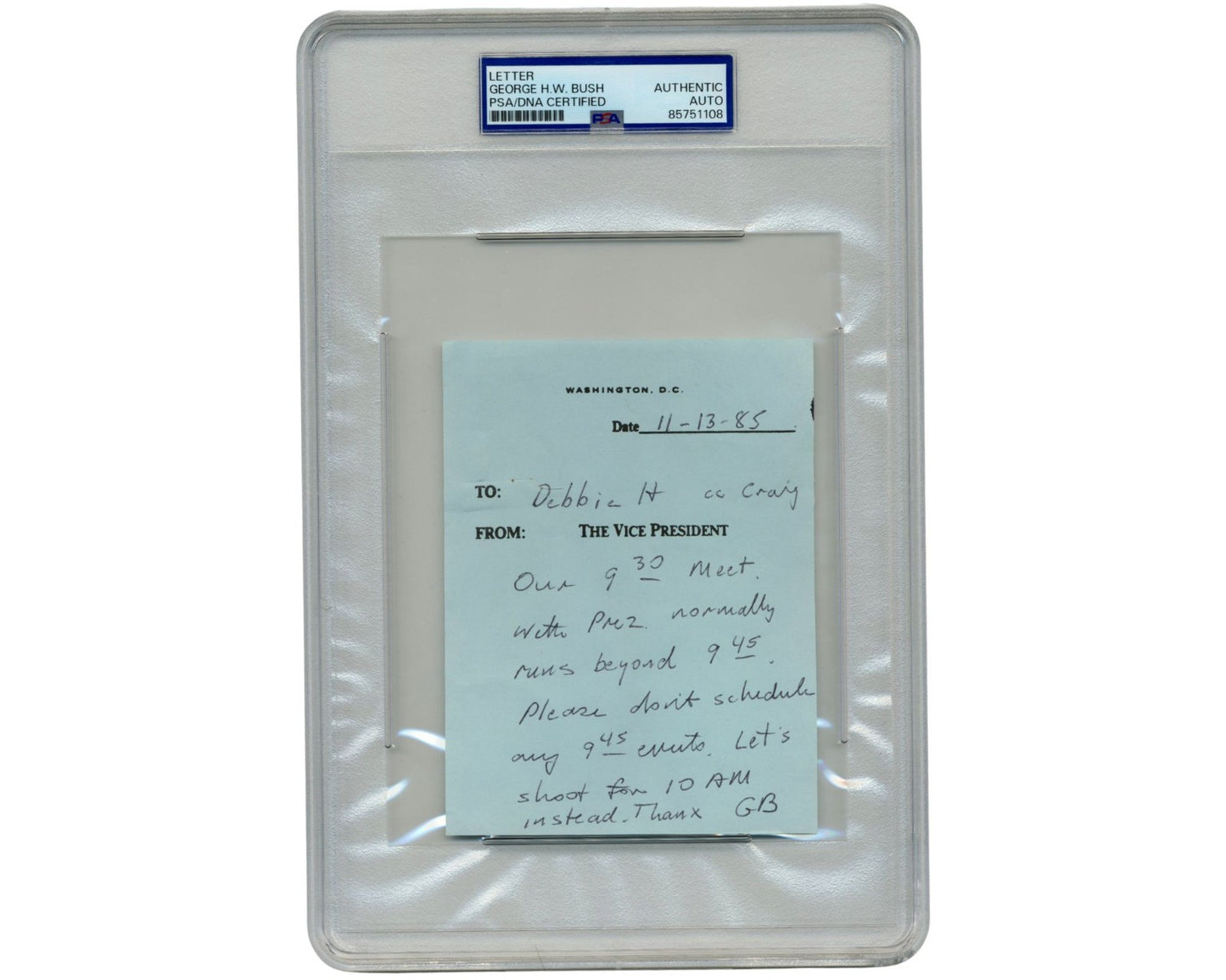 Vice President George H. W. Bush Signed Reagan W.H. Era Scheduling Note PSA Auto