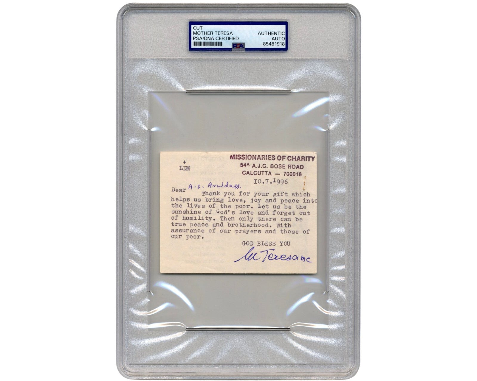 Saint Mother Teresa "Missionaries of Charity" Signed Letter PSA