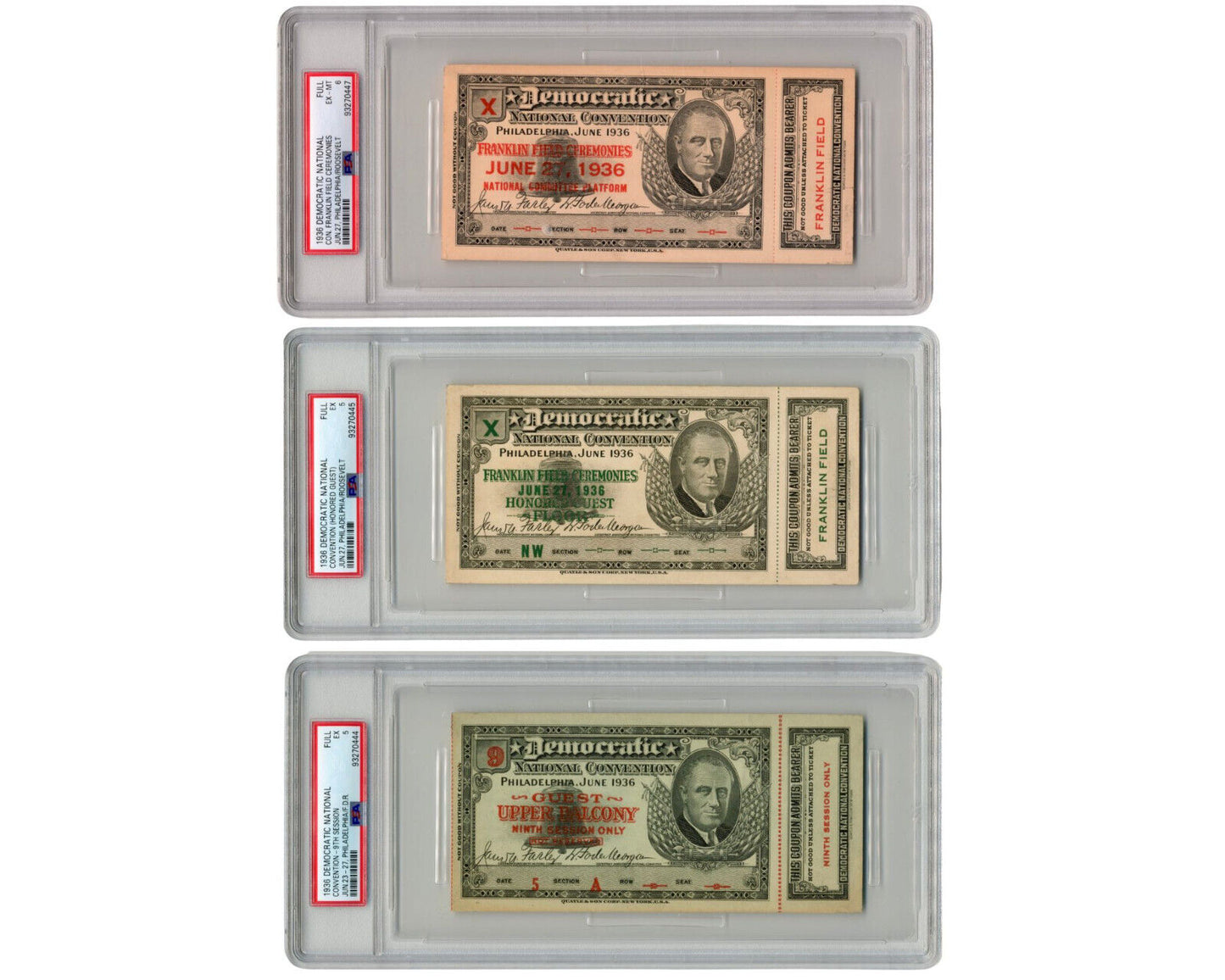 3x 1936 Democratic National Convention FRANKLIN ROOSEVELT Tickets PSA FDR
