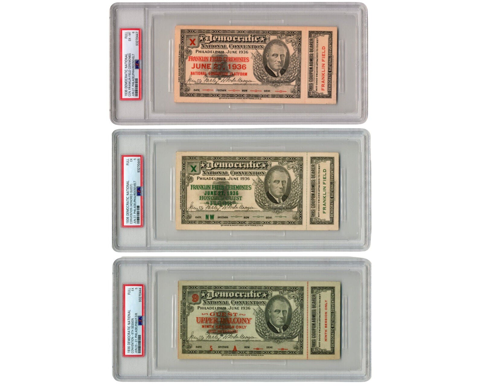 3x 1936 Democratic National Convention FRANKLIN ROOSEVELT Tickets PSA FDR