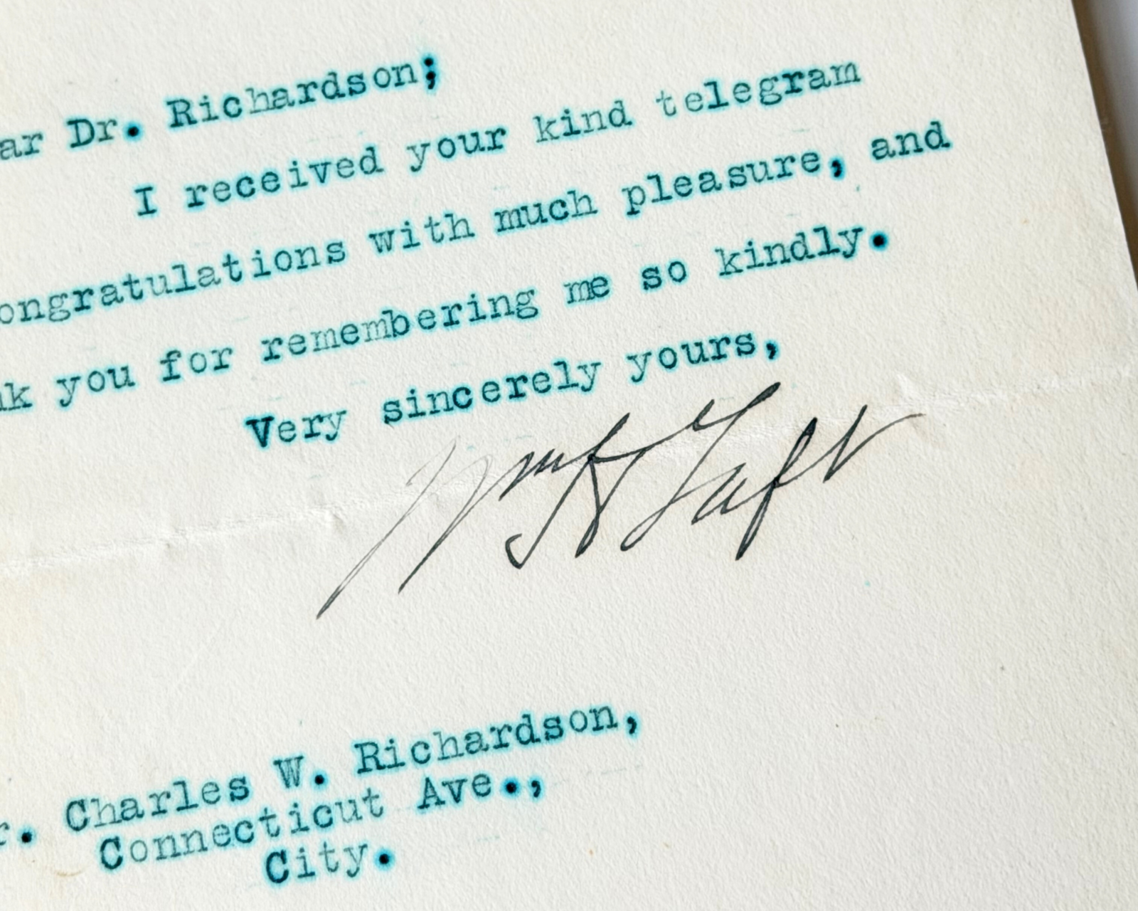 William Taft Signed Letter Thanking Supporter After Securing GOP Nomination PSA