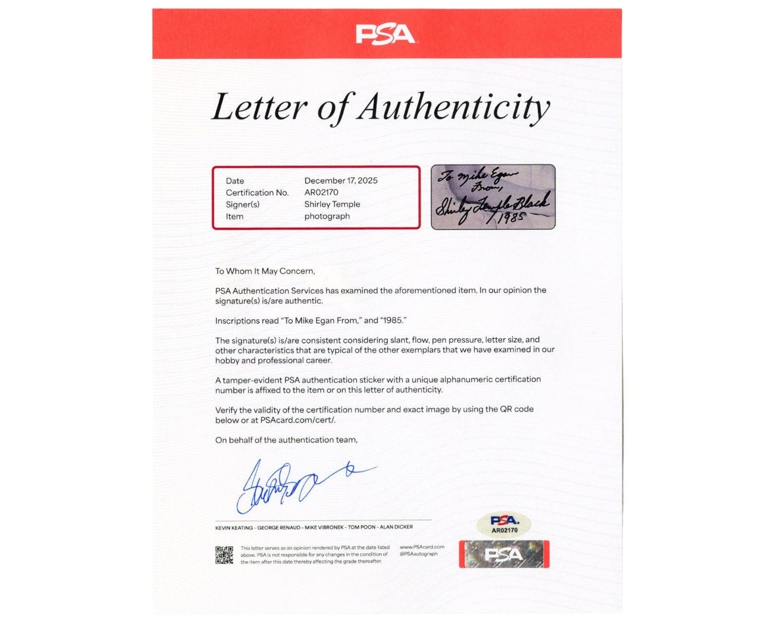 Shirley Temple Signed Iconic Photo PSA Auto