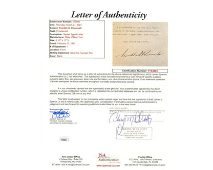 President Franklin D. Roosevelt Signed Letter with Bold Signature JSA