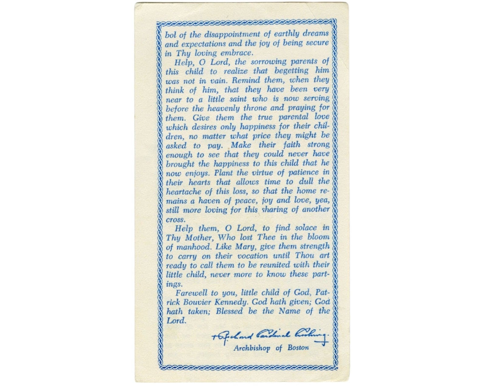Rare Patrick Kennedy Prayer Card for Mass by Richard Cardinal Cushing