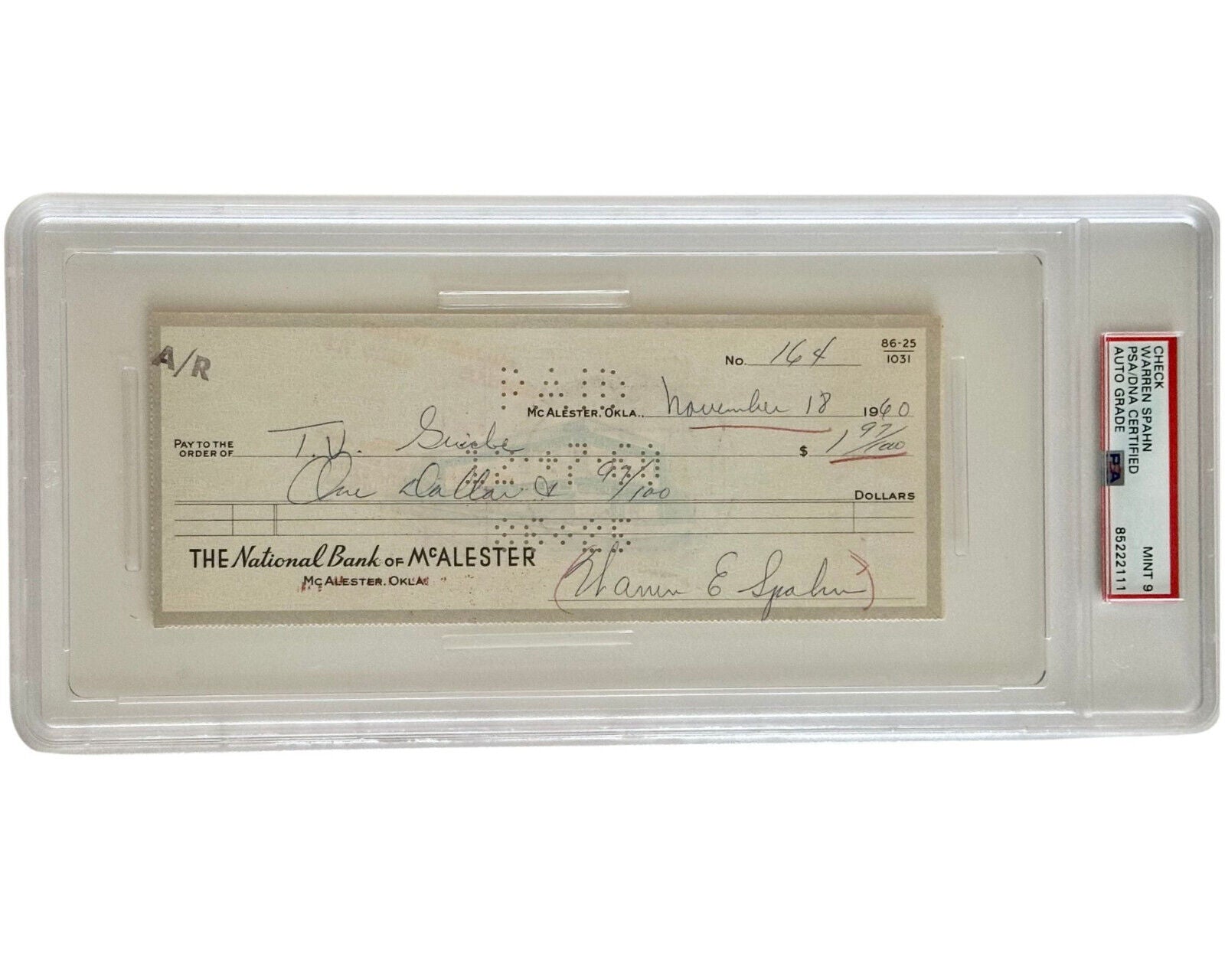 Warren Spahn Signed Auto Autograph Check PSA Mint 9 Authentic HOF BRAVES