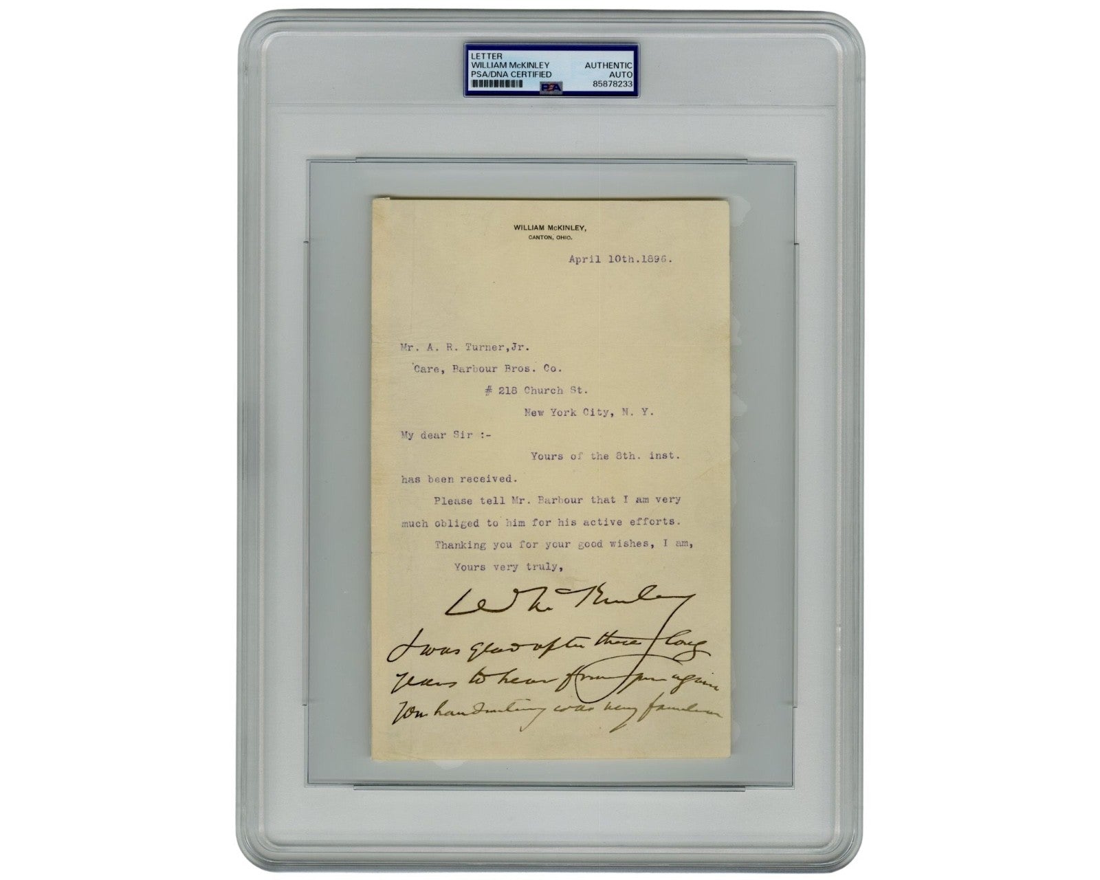 President William McKinley Signed Letter w/ Rare Handwritten Post Script PSA