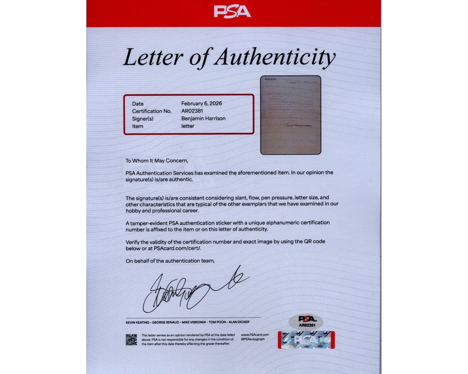 Fantastic Benjamin Harrison Signed Letter as President - Elect PSA Bold Auto!