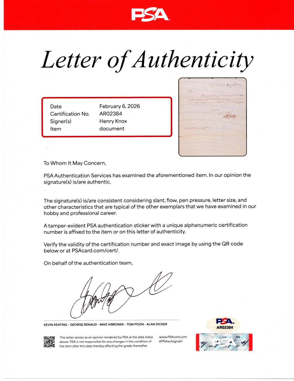 Washington Gen HENRY KNOX Signed Letter Orders Military Hat for Artillerists PSA