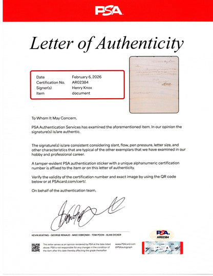 Washington Gen HENRY KNOX Signed Letter Orders Military Hat for Artillerists PSA