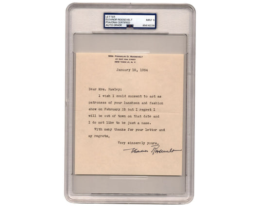 Eleanor Roosevelt Signed Letter PSA Mint 9 Auto President FDR's Wife