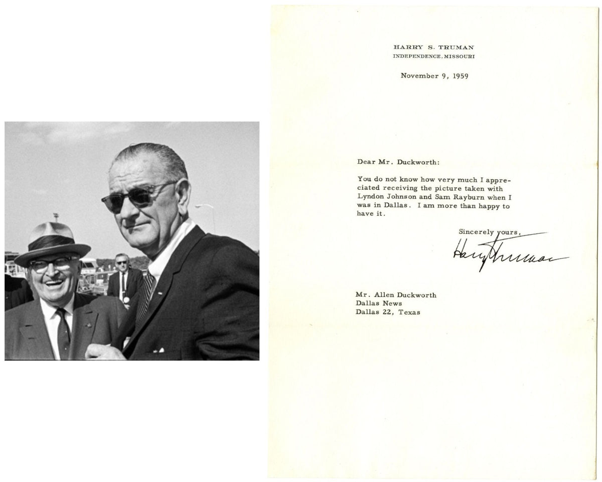 President Harry Truman Signed Letter on Lyndon Johnson Dallas Photograph! PSA