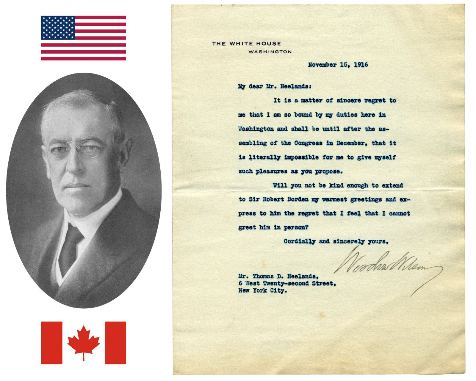 President Woodrow Wilson Signed W.H. Letter Extending Sir Borden Greetings! PSA