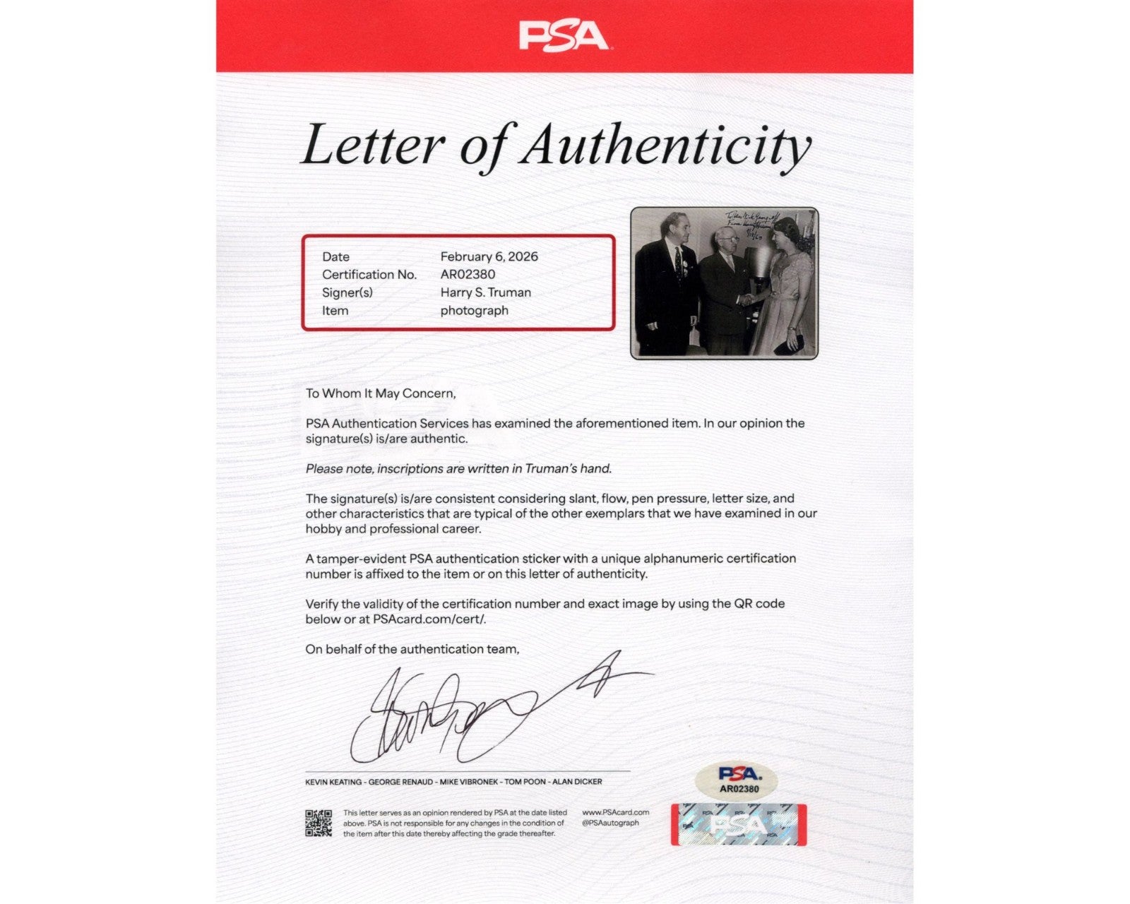 President Harry Truman Unique Signed Original Photograph PSA Auto