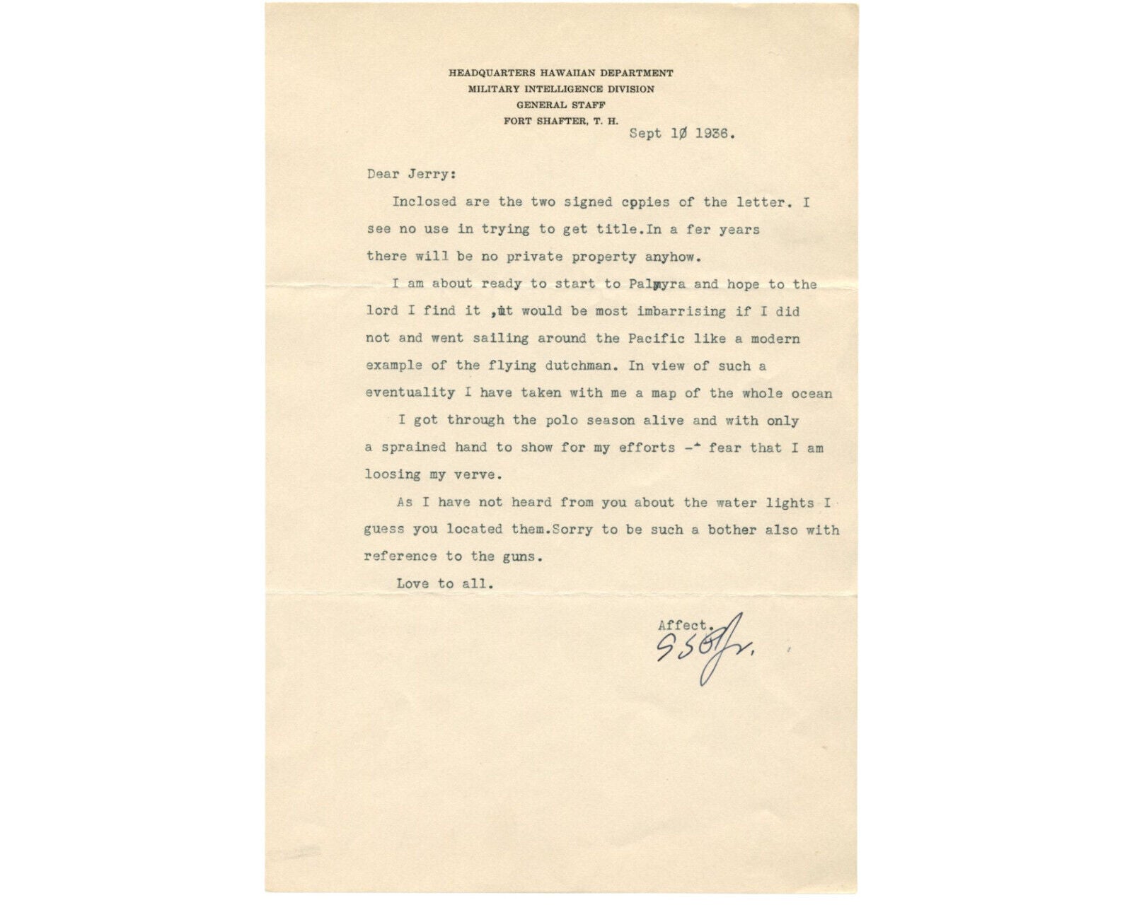 General George S. Patton Signed Letter on Guns! Sent from Hawaii Base!