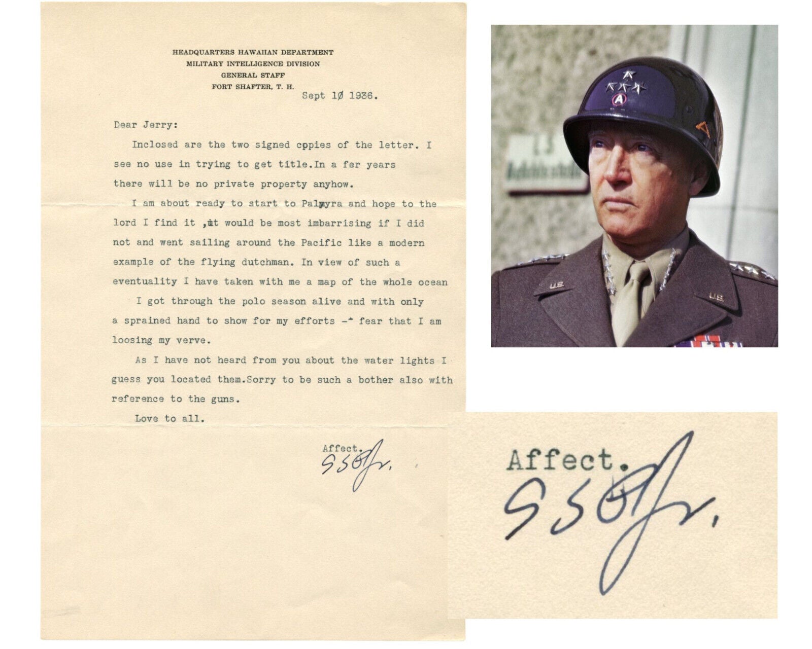 General George S. Patton Signed Letter on Guns! Sent from Hawaii Base!