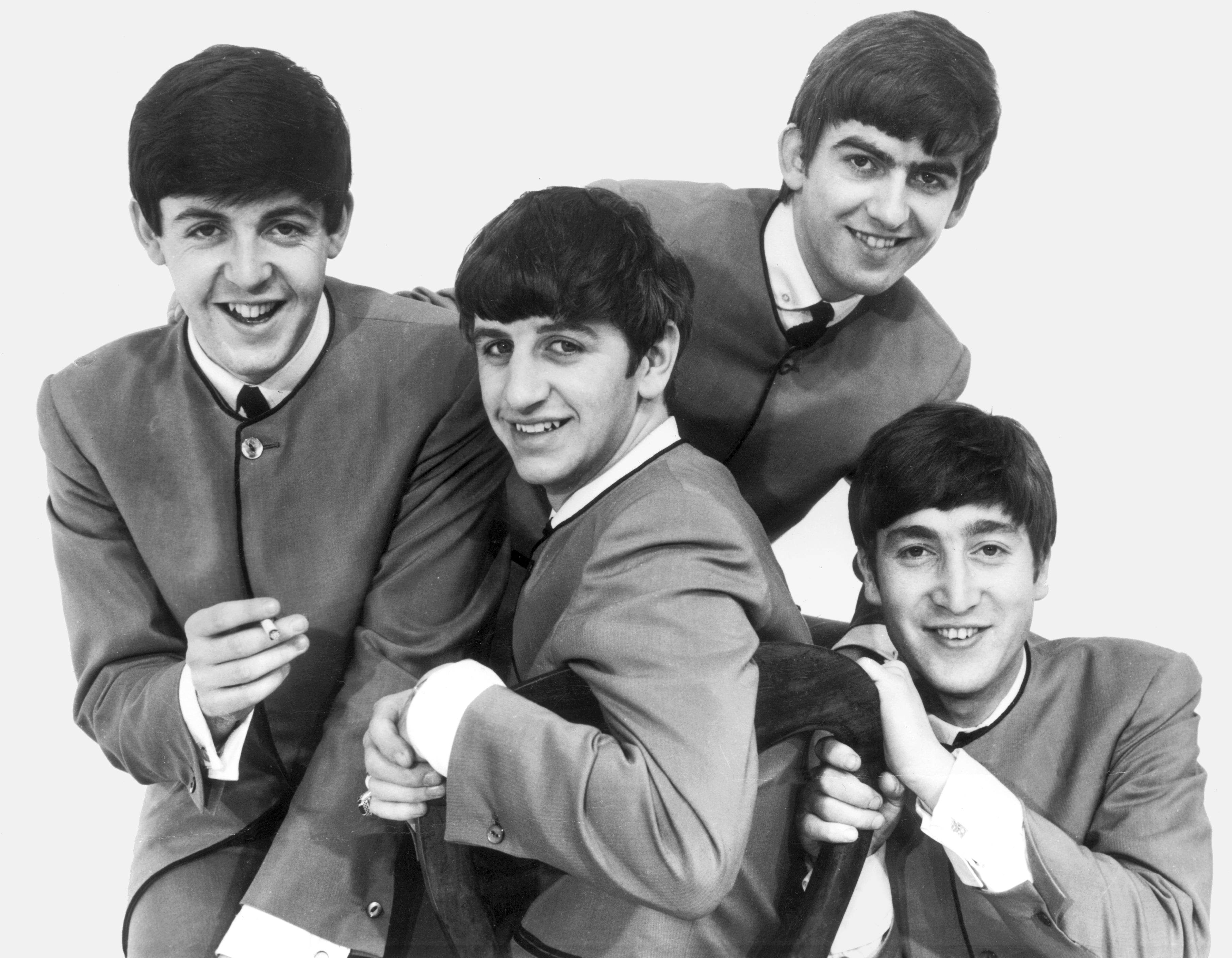 Black and white photo of The Beatles